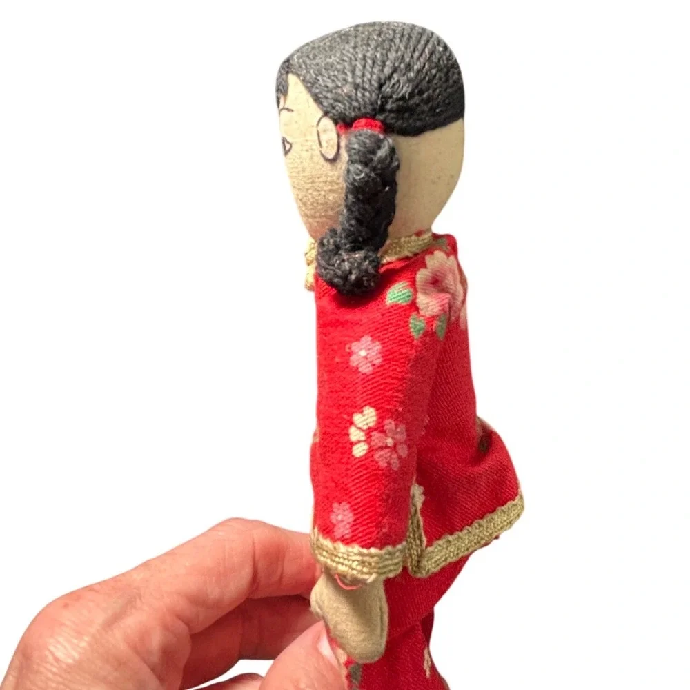Vintage Chinese Cloth Dolls Pair Traditional Samfu Cheongsam Folk Art Blue‎ Red
